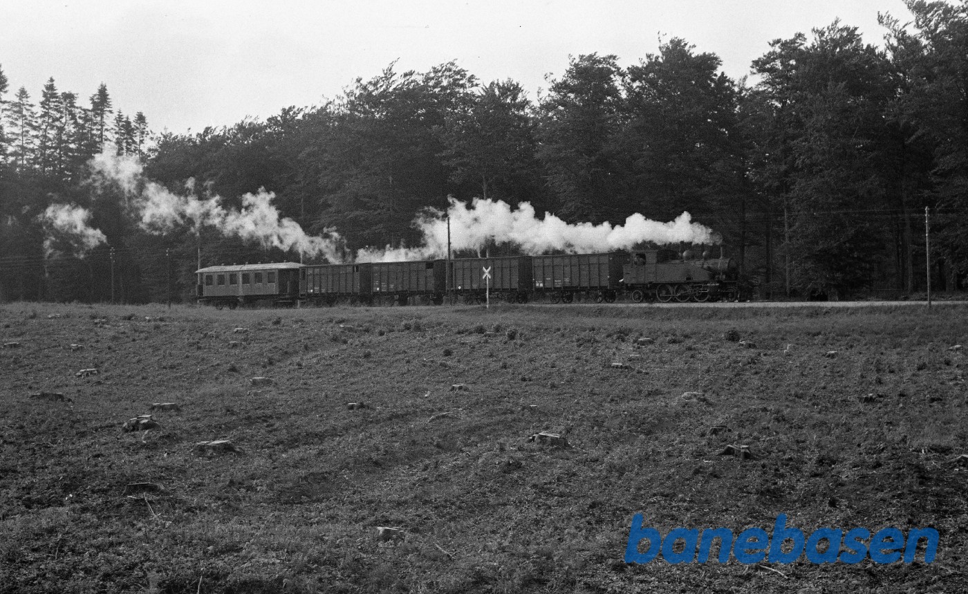 OKMJ nr. 14 med godstog til Odense i Langesø-skoven OKMJ nr. 14 med godstog til Odense i Langesø-skoven