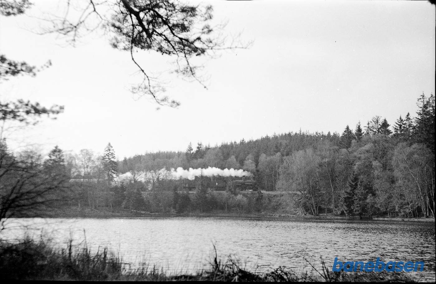 Damptog kører på den anden side af søen