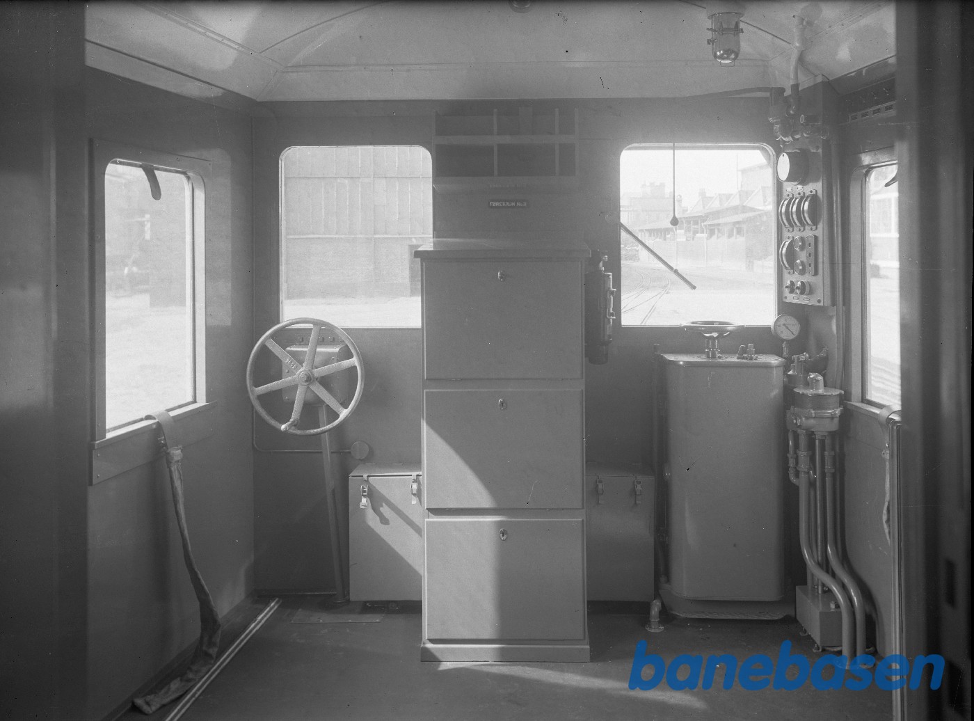 Interiør med førerplads. Haderslev Motorvogn Interiør med førerplads. Haderslev Motorvogn