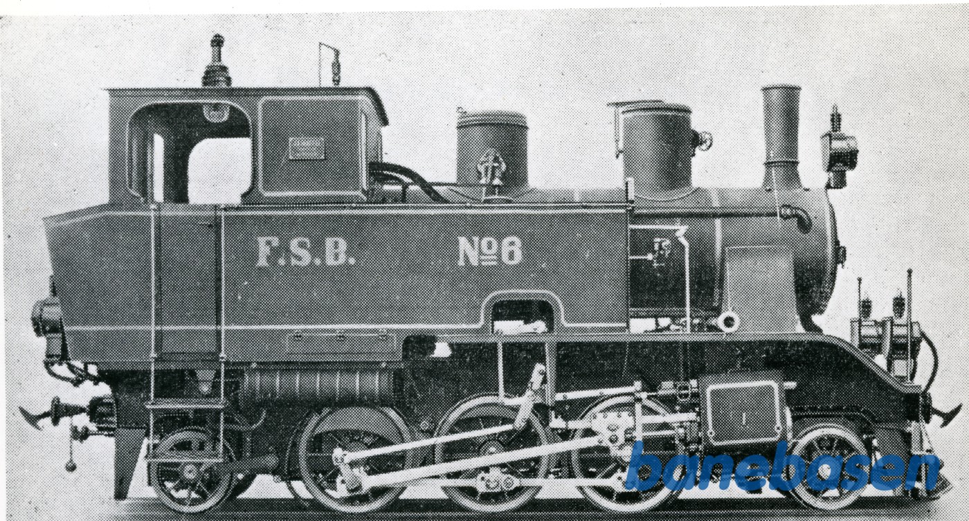 FSB No 6. Fabriksfoto. Damplokomotiverne 6 til 8 havde FSB på siden og ikke FSJ FSB No 6. Fabriksfoto. Damplokomotiverne 6 til 8 havde FSB på siden og ikke FSJ