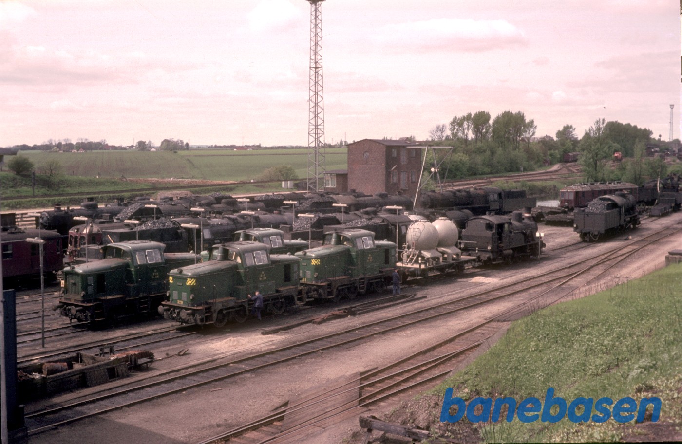 Mange lokomotiver og motorvogne ved remisen Mange lokomotiver og motorvogne ved remisen