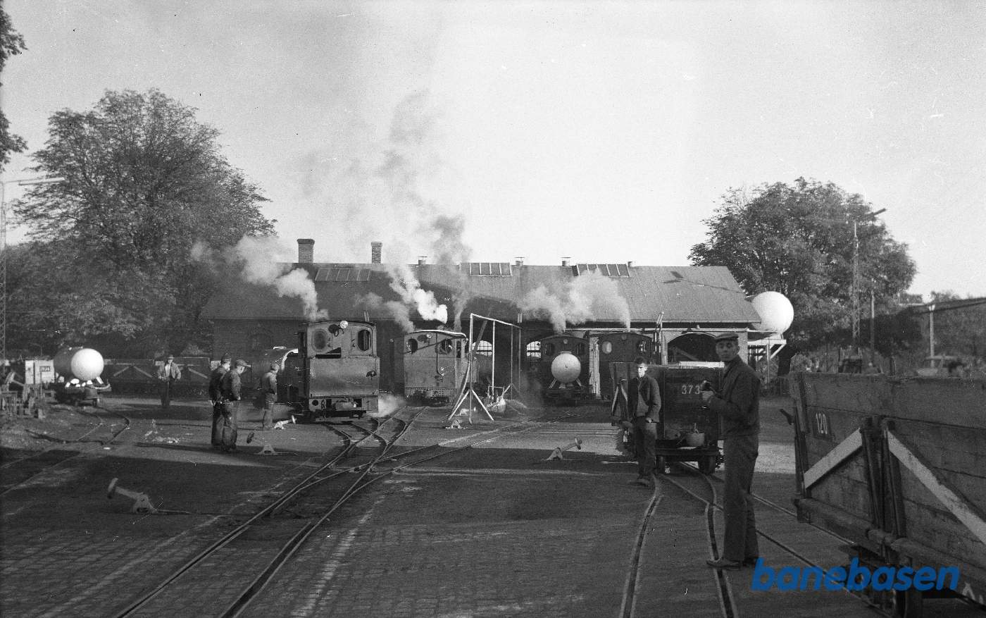 Remise med 5 damplokomotiver i drift