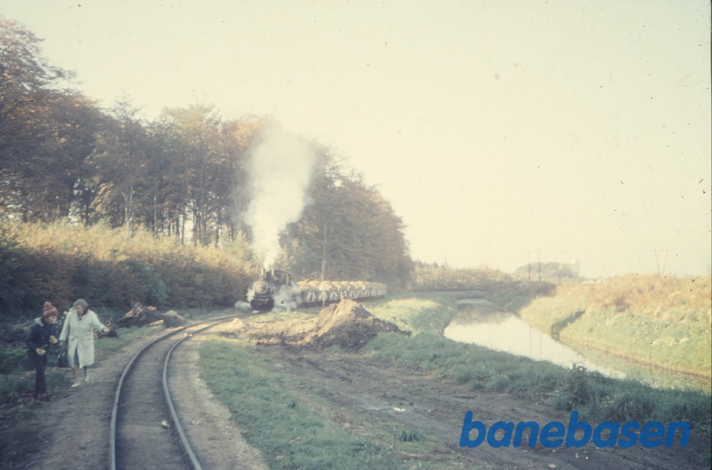 Damplokomotiv med roetog på vej til fabrikken ved slambassinerne Damplokomotiv med roetog på vej til fabrikken ved slambassinerne