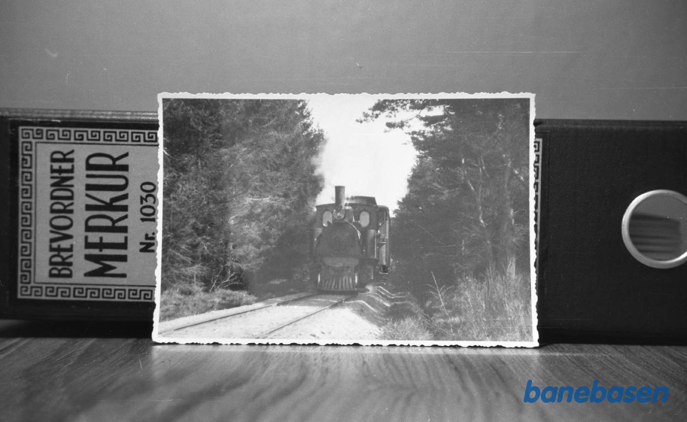 Billedet er angiveligt fra Nexø Lystskov (mellem Nexø station og Hundsemyre/Balka Strand trinbræt), hvor et af de oprindelige Jung-lokomotiver kommer kørende i 1930
