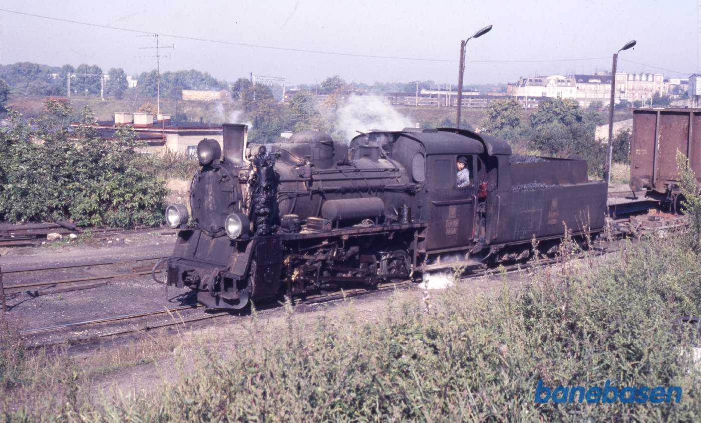 Smalsporsdamplokomotiv (750 mm) rangerer med overførte normalsporsgodsvogne