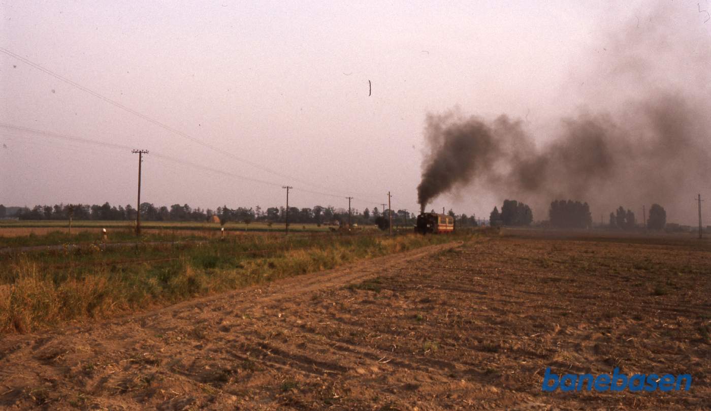 Persontoget kører langs landevejen mellem Opalenicia og Lwówek, 25 km mod nord