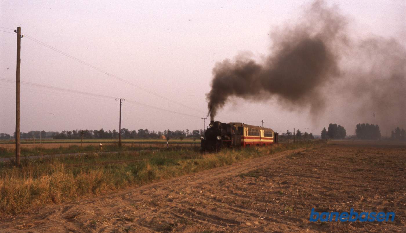 Persontoget kører langs landevejen mellem Opalenicia og Lwówek, 25 km mod nord