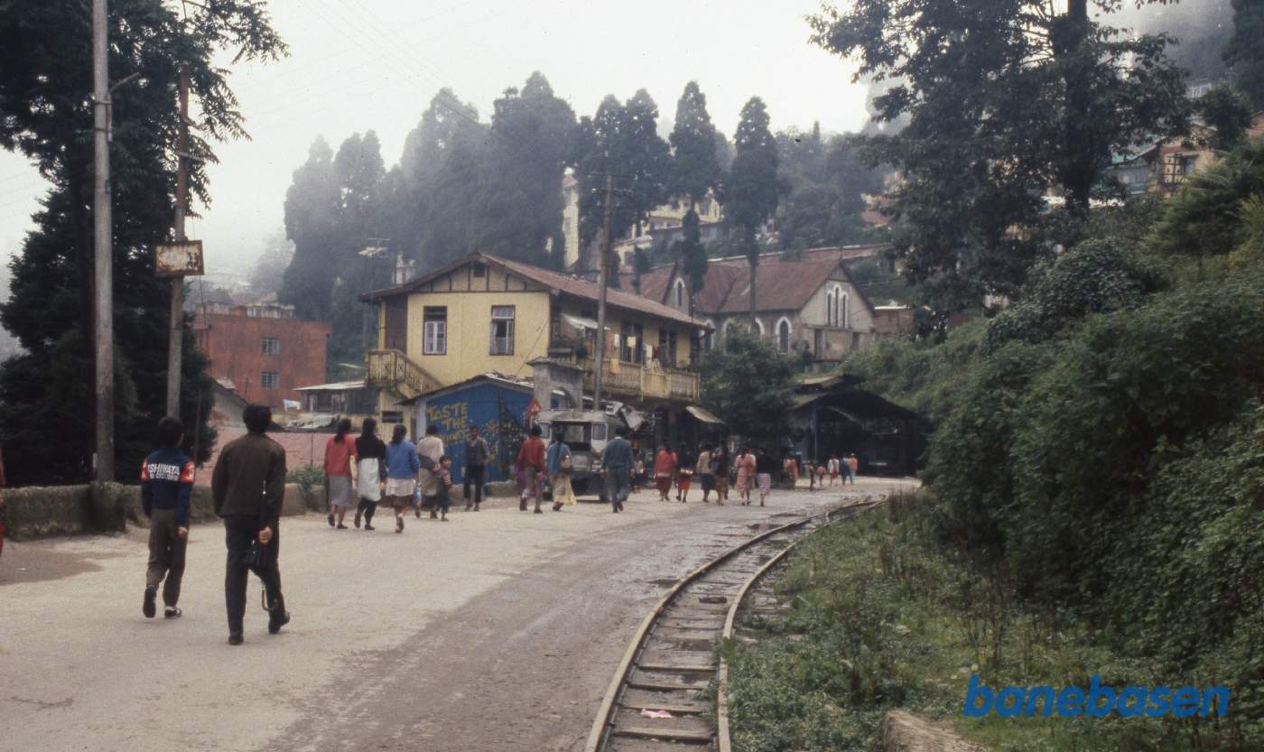 Sporet i hovedgaden på vej ind i Darjeeling. Remisen skimtes længere fremme