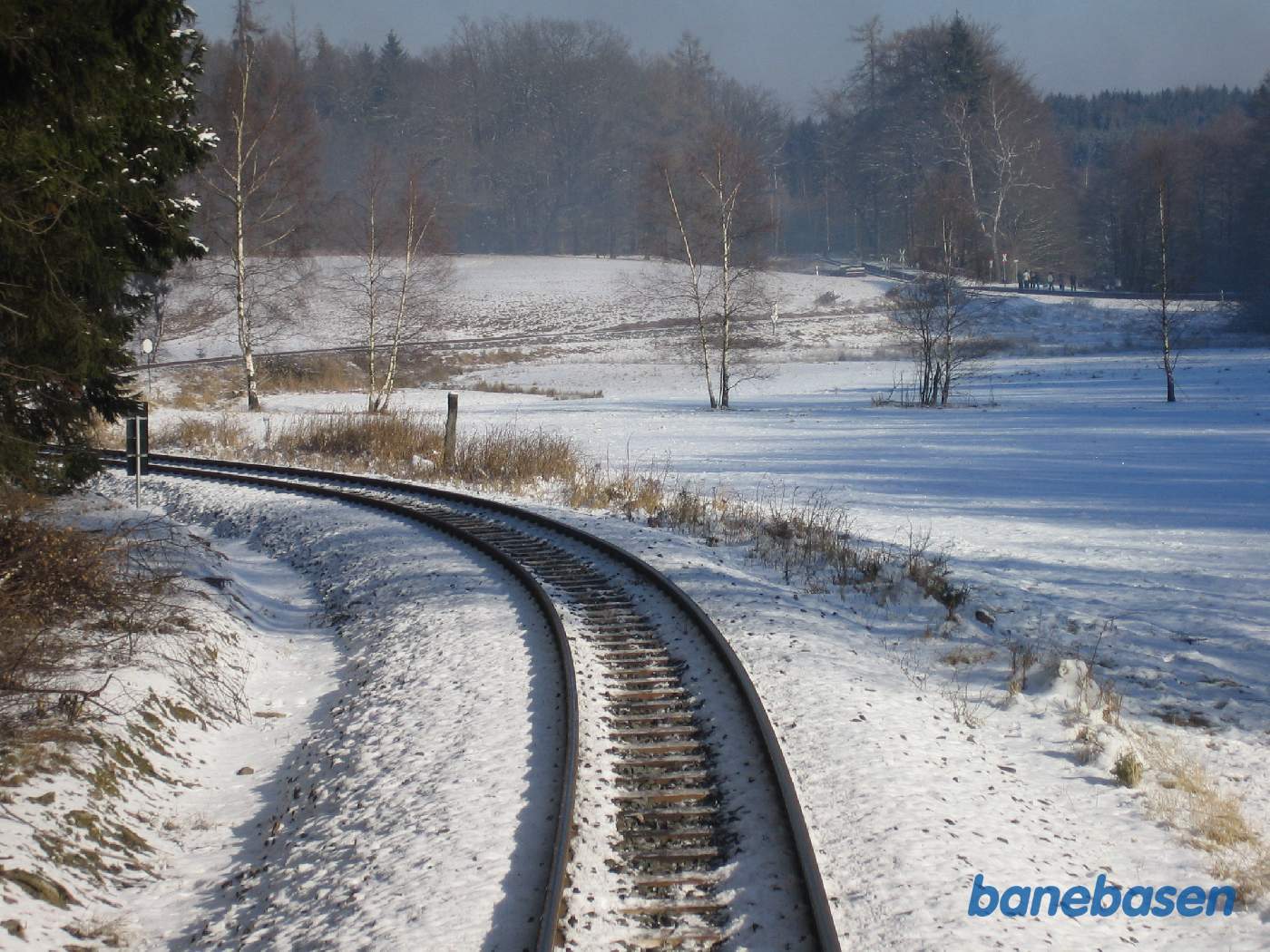 Rejsende er stået af toget på trinbrættet, ses i øverste højre side af billedet. Toget fortsætter mod Alexisbad