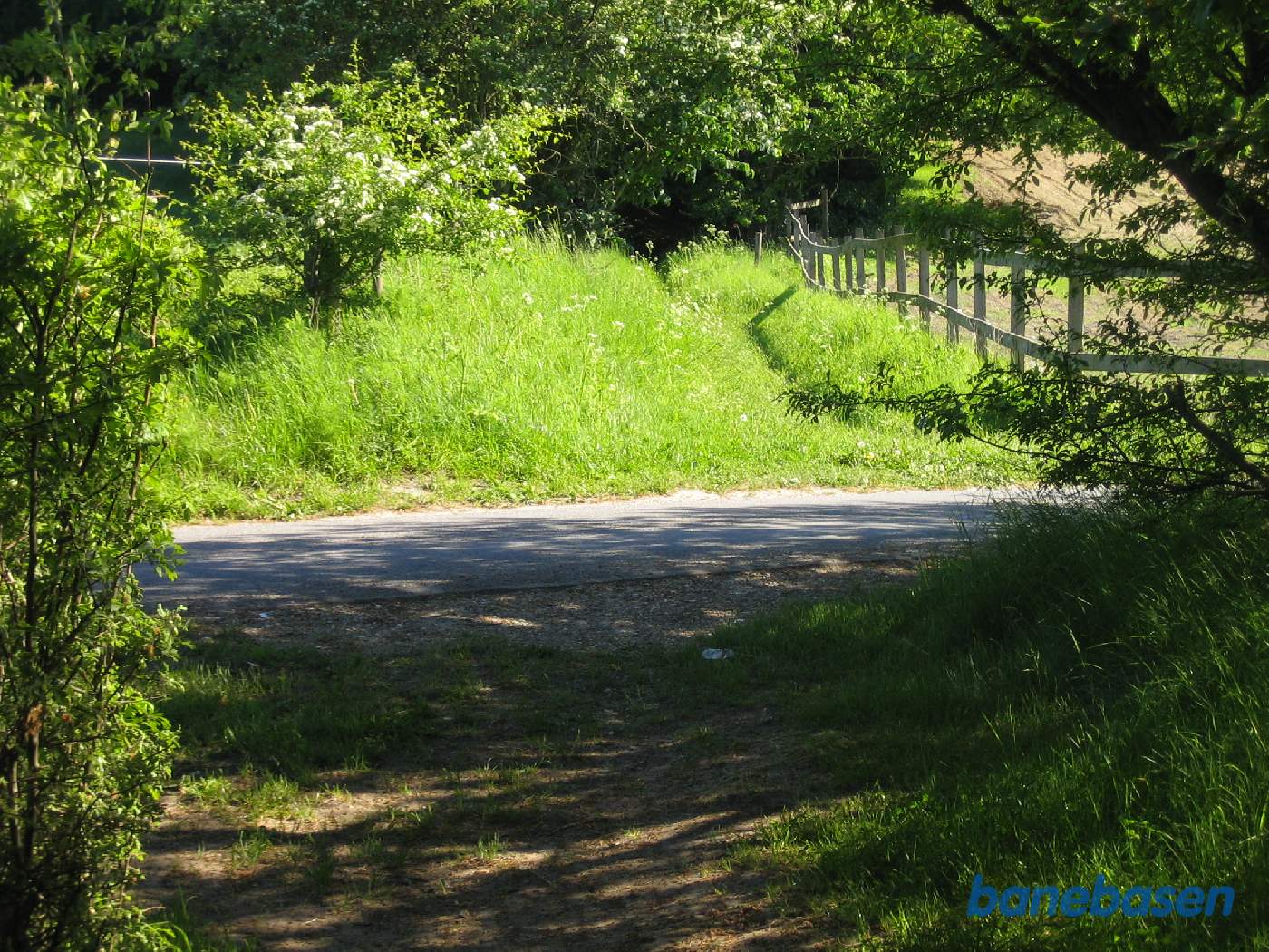 Her krydsede smalsporsbanen over Kattehalevej. Vi kigger i retning mod Ravnsholt skov Her krydsede smalsporsbanen over Kattehalevej. Vi kigger i retning mod Ravnsholt skov