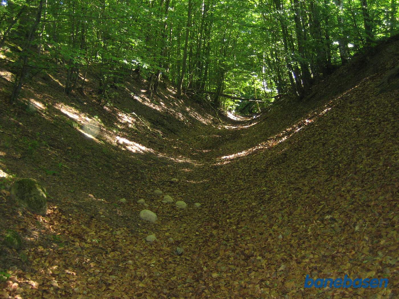 Vi er lige kommet ind i Ravnsholt skov og kigger væk fra teglværket, vi er i den dybe afgravning Vi er lige kommet ind i Ravnsholt skov og kigger væk fra teglværket, vi er i den dybe afgravning
