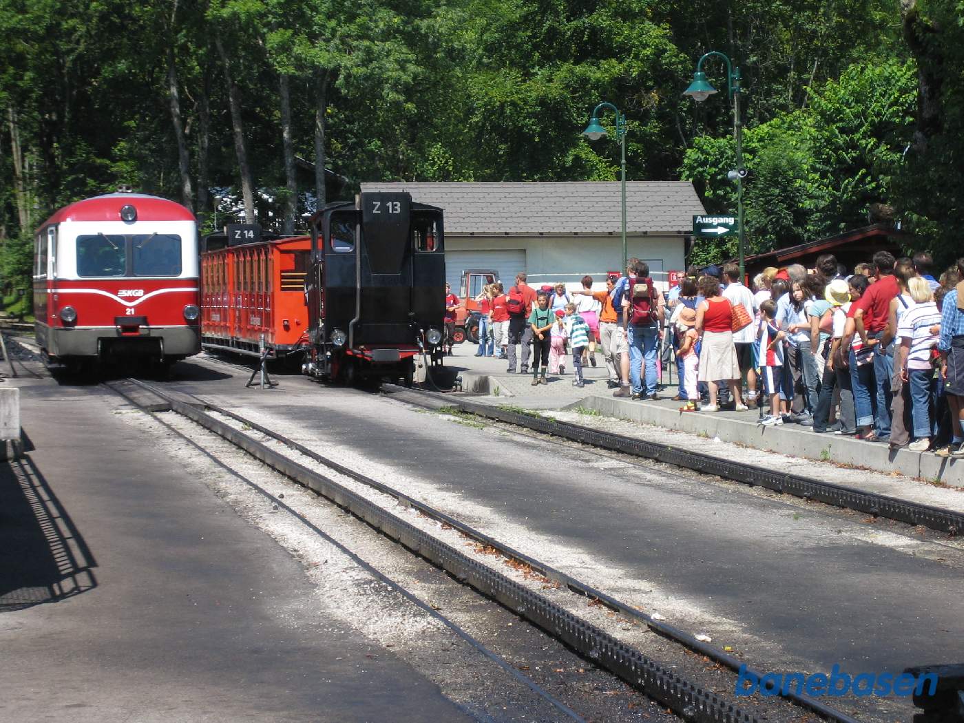 Damptog på vej ind på stationen, mange turister på perronen