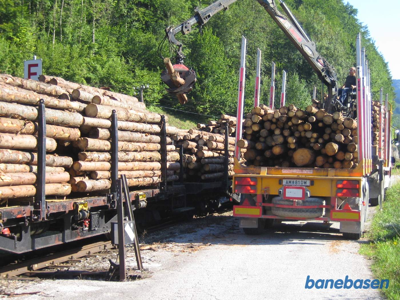 En lastbil læsser tømmerstokke over på godsvognen