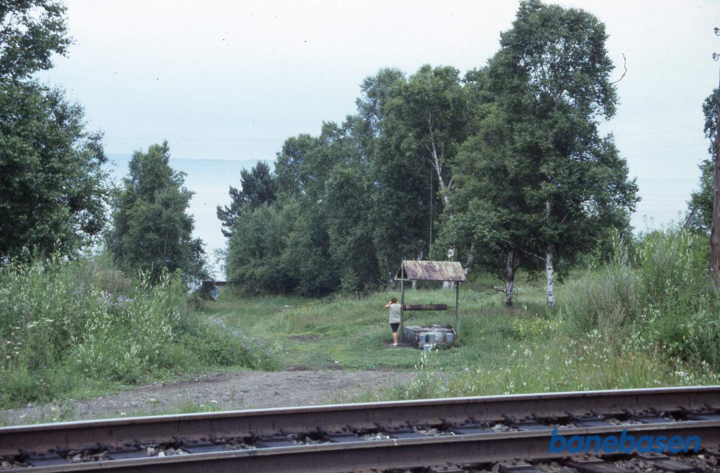 En af de lokale henter vand fra brønden. Baikalsøen ses lige bag træerne