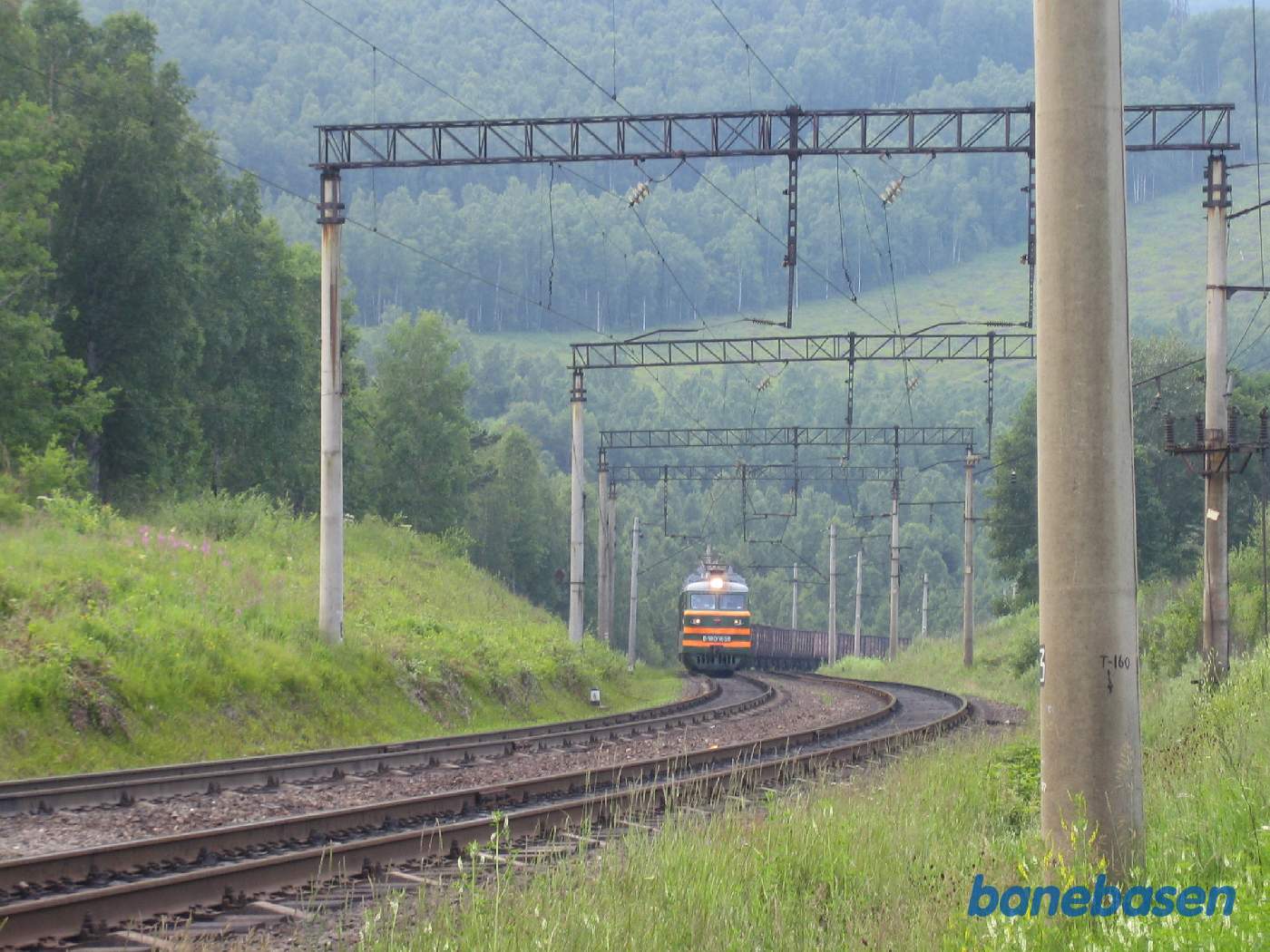 Et godstog passerer sommerhusområdet i retning mod Sludyanka