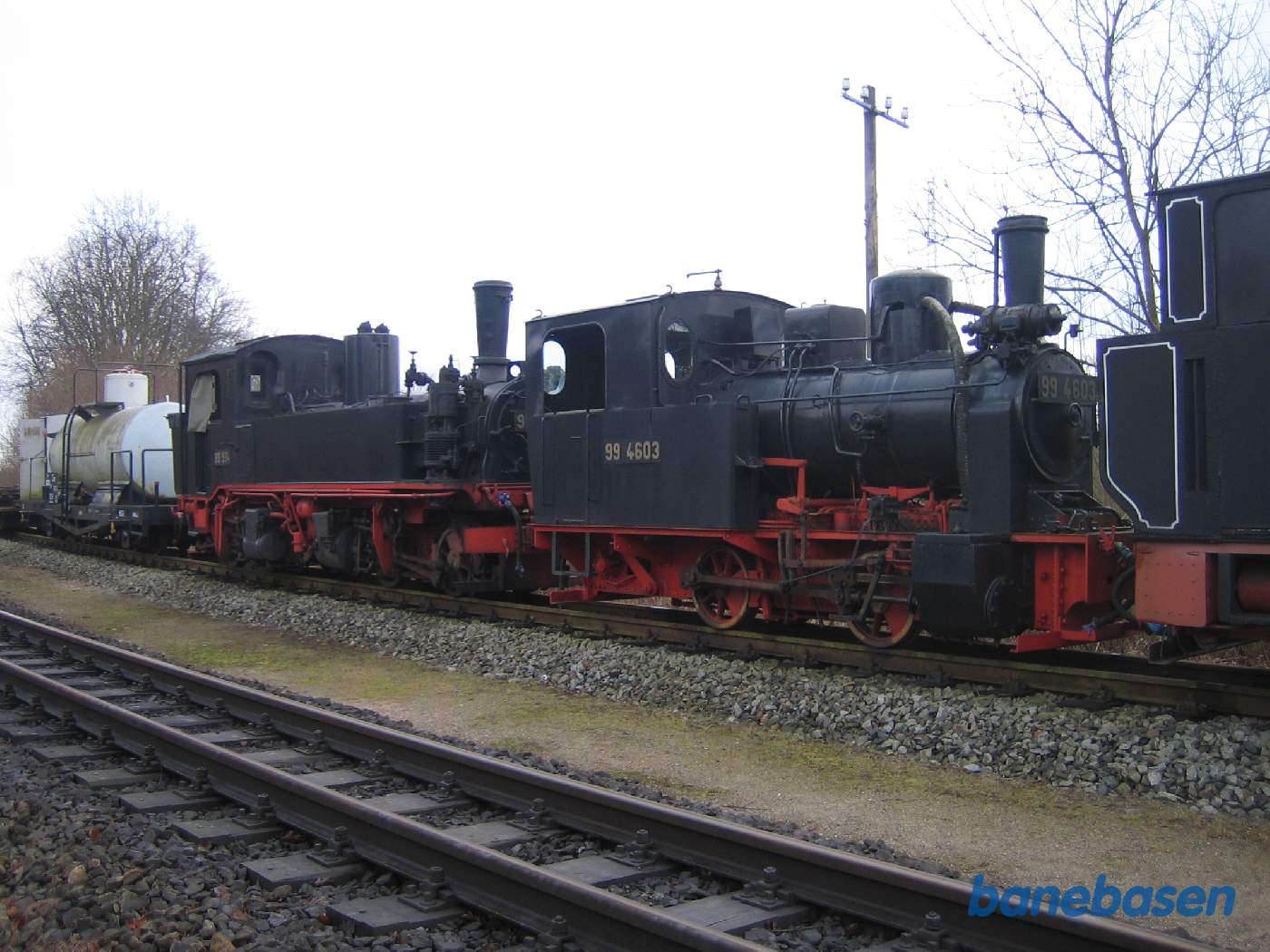 En række udstillede damplokomotiver