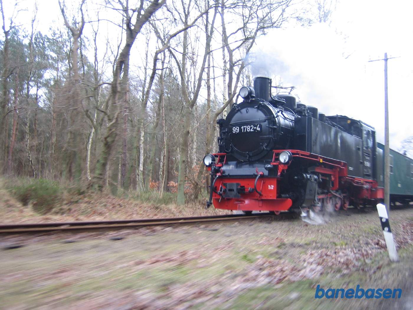 Göhren og Baabe løber banen og vejen parallelt gennem skoven. Et skud ud af vinduet på en kørende bil