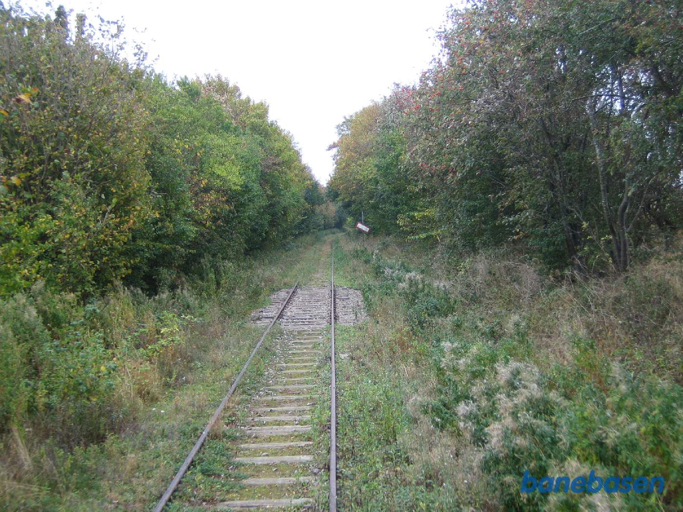 Vi er på strækningen mellem Gørlev og Høng lige efter broen over Mosevej. 1200 meter afstandsmærket til I-signalet i Høng ses lidt længere fremme