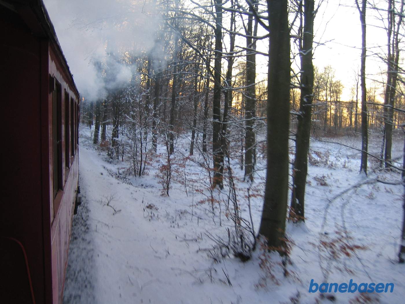 Toget på vej gennem skoven nær Sortesø, på vej ned til Mårum, hvor gæsterne står og venter med deres juletræer Toget på vej gennem skoven nær Sortesø, på vej ned til Mårum, hvor gæsterne står og venter med deres juletræer