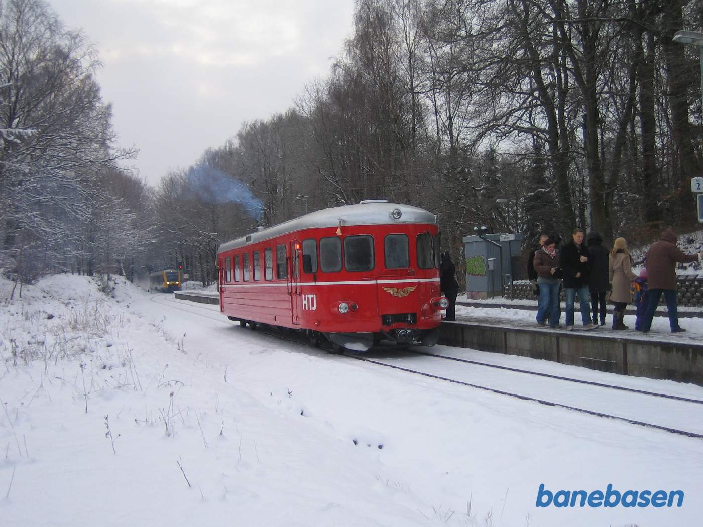 Skinnebussen har i Mårum afsat gæsterne der er gået over i juletræsplantagen for at fælde juletræer