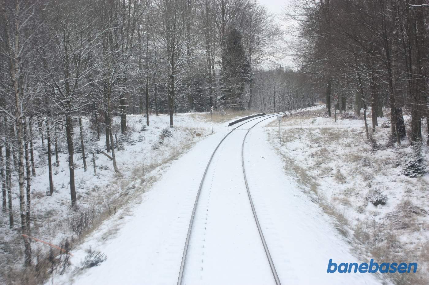 L1 kører gennem den flotte sneklædte Gribskov lige før det nedlagte Storkevad trinbræt, der ses inde til venstre for sporet