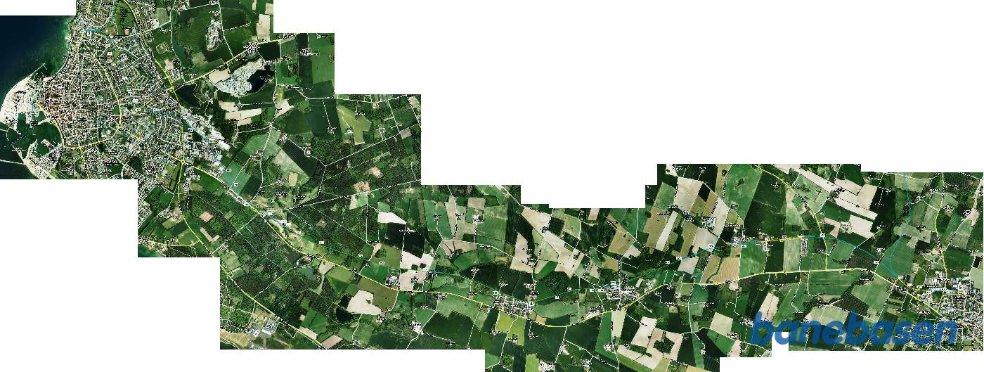 2014 sattelitfoto med DBJ indtegnet. Rønne - Aakirkeby. Numrene på kortet er fotografens geografiske placering, der nu er erstattet af gps-koordinaterne