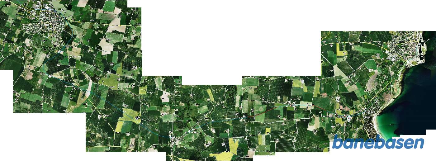2014 sattelitfoto med DBJ indtegnet. Aakirkeby - Nexø. Numrene på kortet er fotografens geografiske placering, der nu er erstattet af gps-koordinaterne