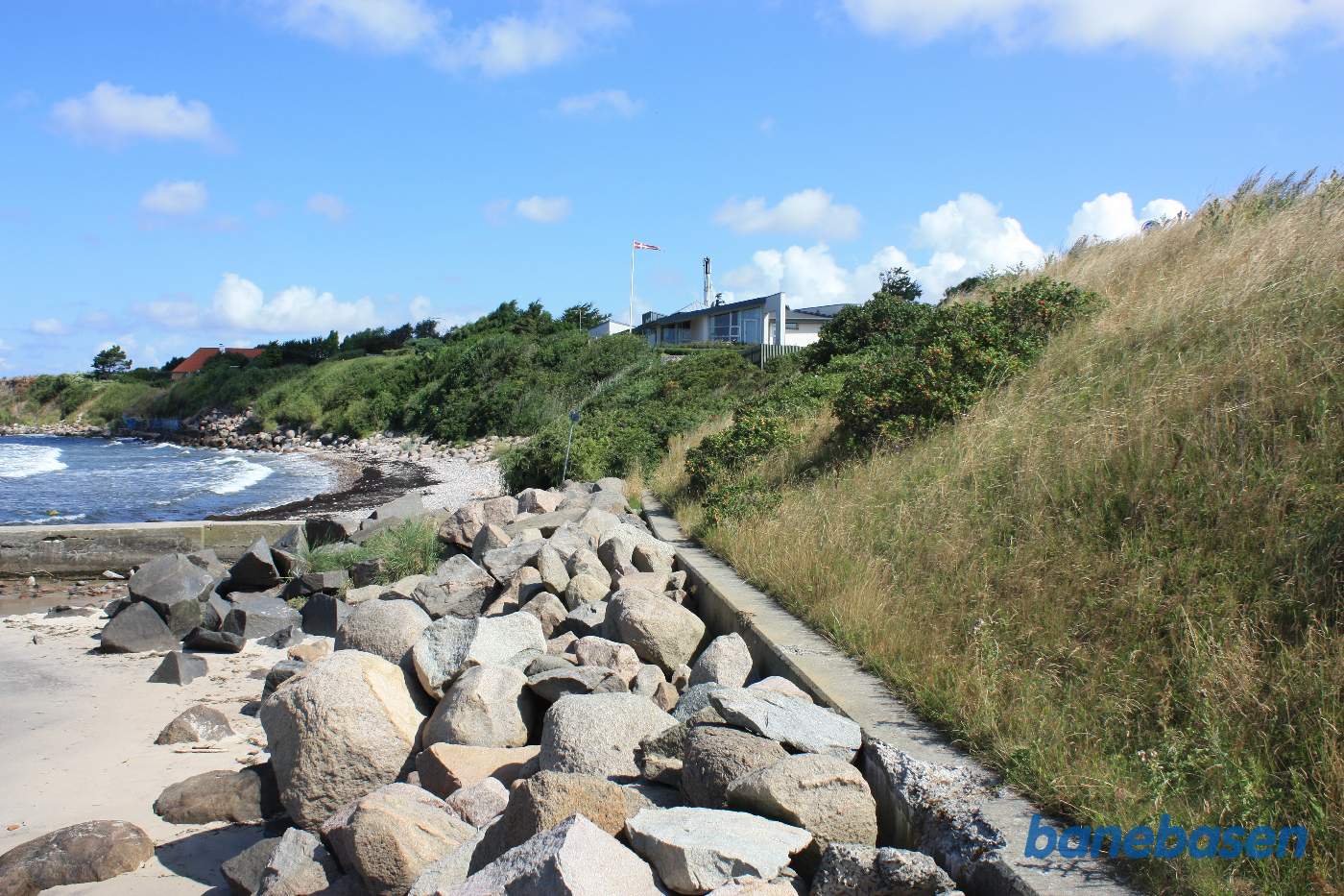 Jernbanen gik oppe på banedæmningen til højre, åens udløb lidt længere fremme ved betonkanten Jernbanen gik oppe på banedæmningen til højre, åens udløb lidt længere fremme ved betonkanten