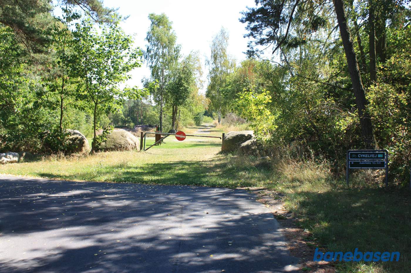 Her drejer den nye cykelsti fra banen, der fortsatte lige ud. På dette sted gik der et spor ud til højre og ned til Robbedale Grusgrav, der leverede grus til banen Her drejer den nye cykelsti fra banen, der fortsatte lige ud. På dette sted gik der et spor ud til højre og ned til Robbedale Grusgrav, der leverede grus til banen