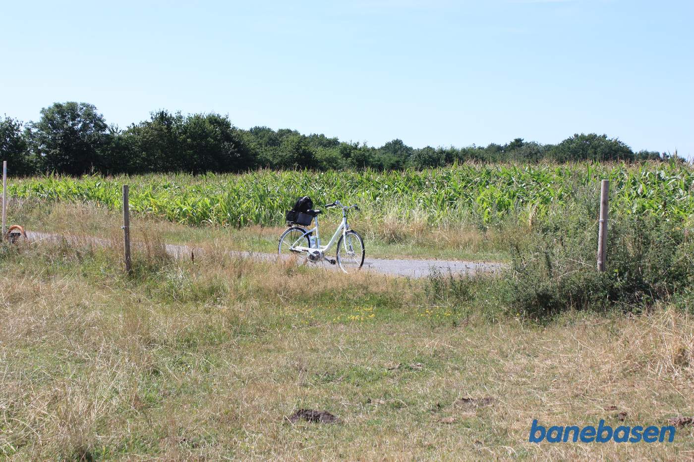 Vi står på Smørengevejen og kigger mod Rønne. Cyklen er parkeret præcist der hvor banen krydsede vejen. Smørenge lå lige på den anden side af vejen