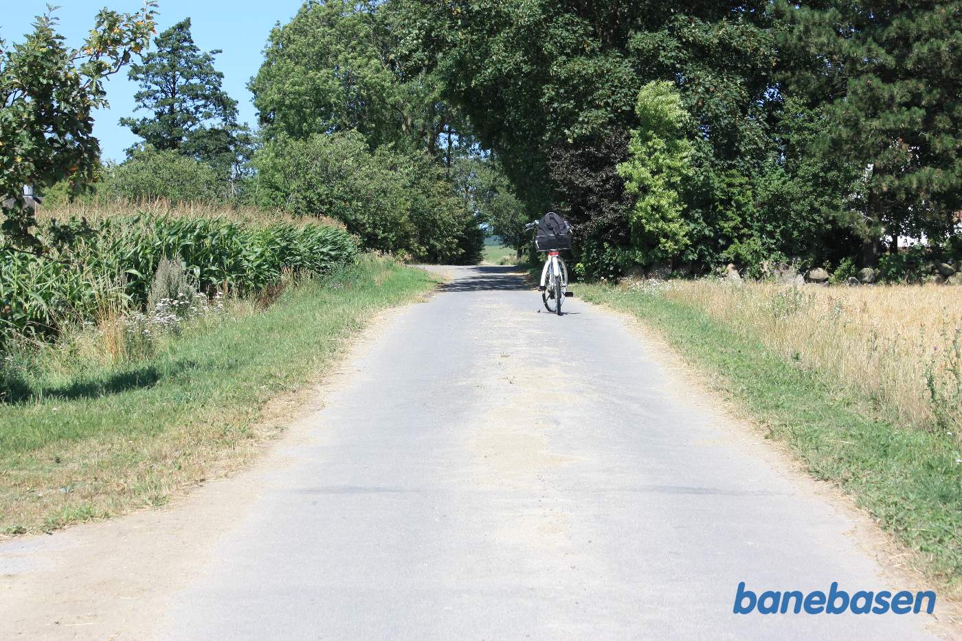 Vi står på Rønnevej og kigger mod nord. Cyklen er parkeret præcist der hvor banen krydsede vejen, Rønne til venstre og Nexø til højre