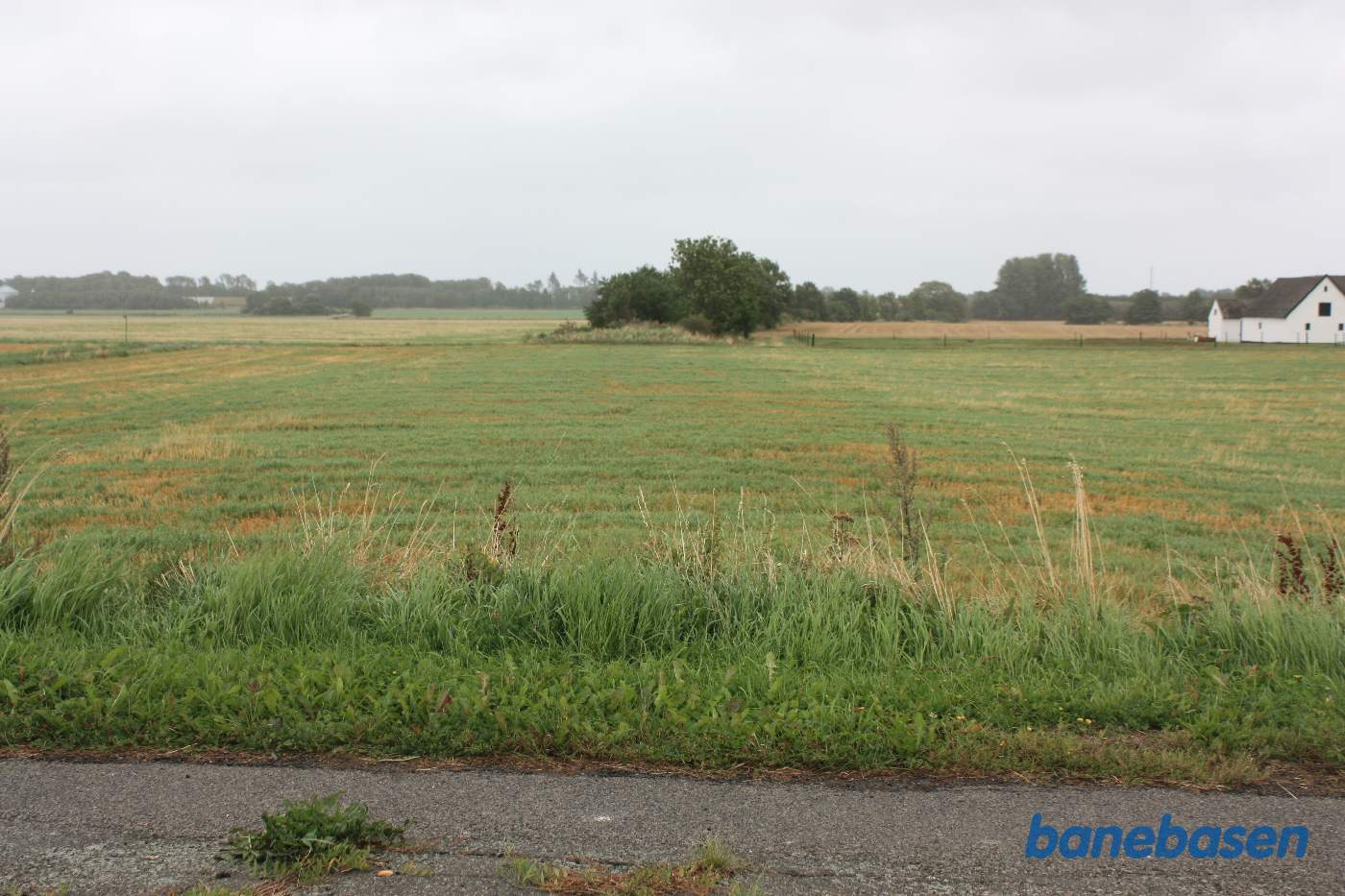 Her krydsede banen Mejerigaden. Banedæmningen mod Nexø er pløjet væk. Banen fortsatte ved træerne midt i billedet. Forhøjningen ved Gadegårdsvejen ses midt i billedet foran træerne Her krydsede banen Mejerigaden. Banedæmningen mod Nexø er pløjet væk. Banen fortsatte ved træerne midt i billedet. Forhøjningen ved Gadegårdsvejen ses midt i billedet foran træerne