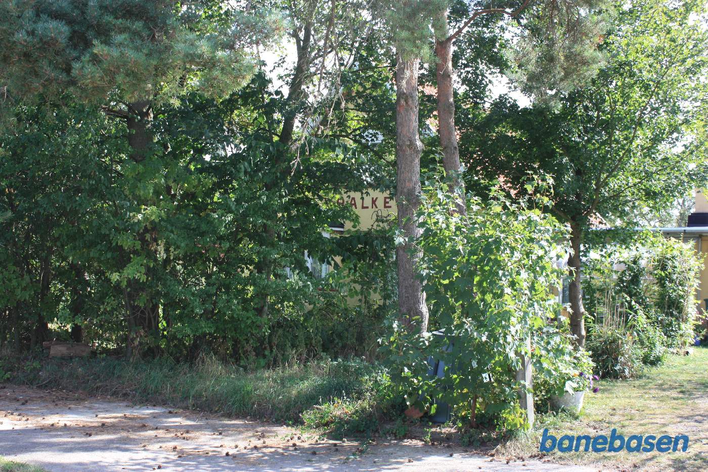 Stationsbygningen set fra banen, pakket ind i træer