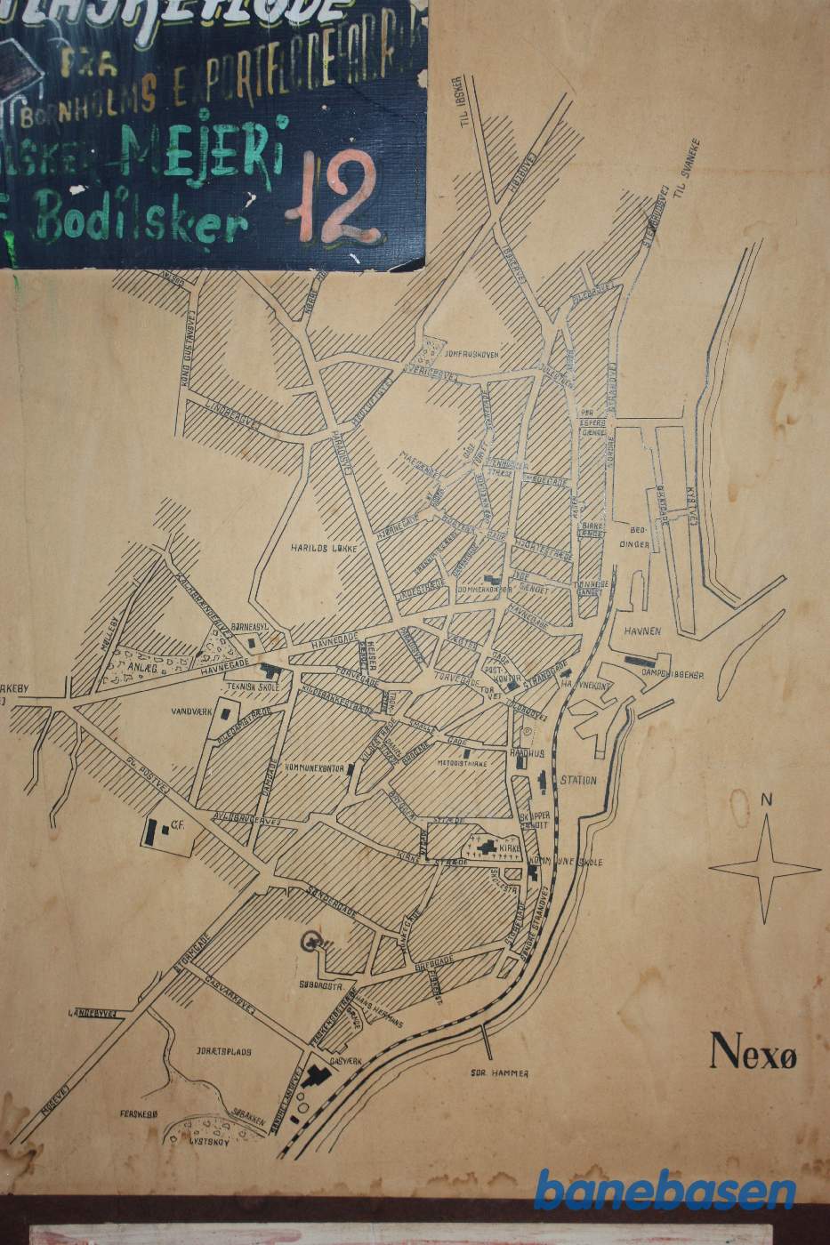 Kort over Nexø med banen indtegnet Kort over Nexø med banen indtegnet