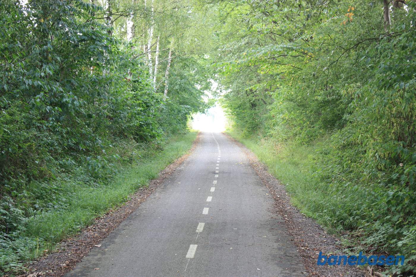 Vi er på banestien ca. 60 meter før trinbrættet og kigger i retning af Rønne Vi er på banestien ca. 60 meter før trinbrættet og kigger i retning af Rønne