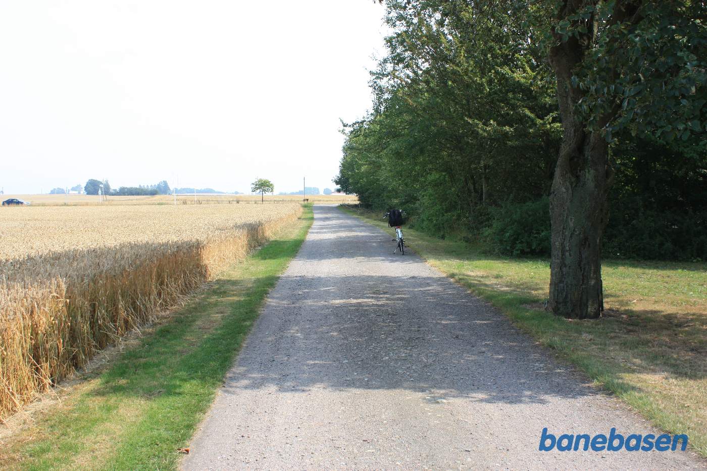 Vi står på alléen op til gården. Cyklen markerer hvor banen krydsede vejen. Sandvig til venstre og Rønne til højre Vi står på alléen op til gården. Cyklen markerer hvor banen krydsede vejen. Sandvig til venstre og Rønne til højre