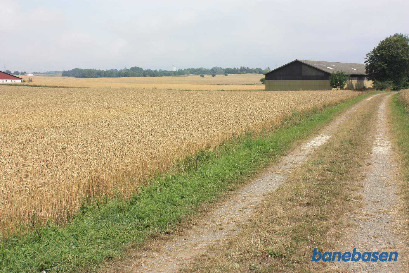 Vi er på Kyndegårdsvej og kigger mod Sandvig. Lige på den anden side af vejen lå Mæby trinbrættet. Banen gik venstre om laden til højre i billedet Vi er på Kyndegårdsvej og kigger mod Sandvig. Lige på den anden side af vejen lå Mæby trinbrættet. Banen gik venstre om laden til højre i billedet