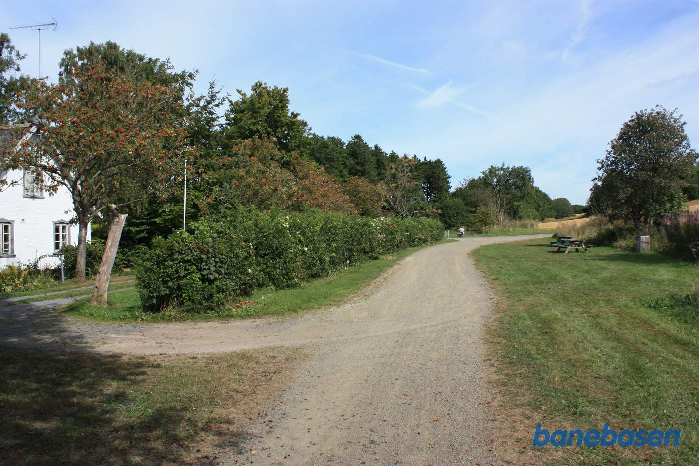 Borde og bænke på trinbrættet til glæde for cykelturisterne. Perron og læskur lå inde til venstre foran det hvide hus. Vi ser mod Sandvig Borde og bænke på trinbrættet til glæde for cykelturisterne. Perron og læskur lå inde til venstre foran det hvide hus. Vi ser mod Sandvig