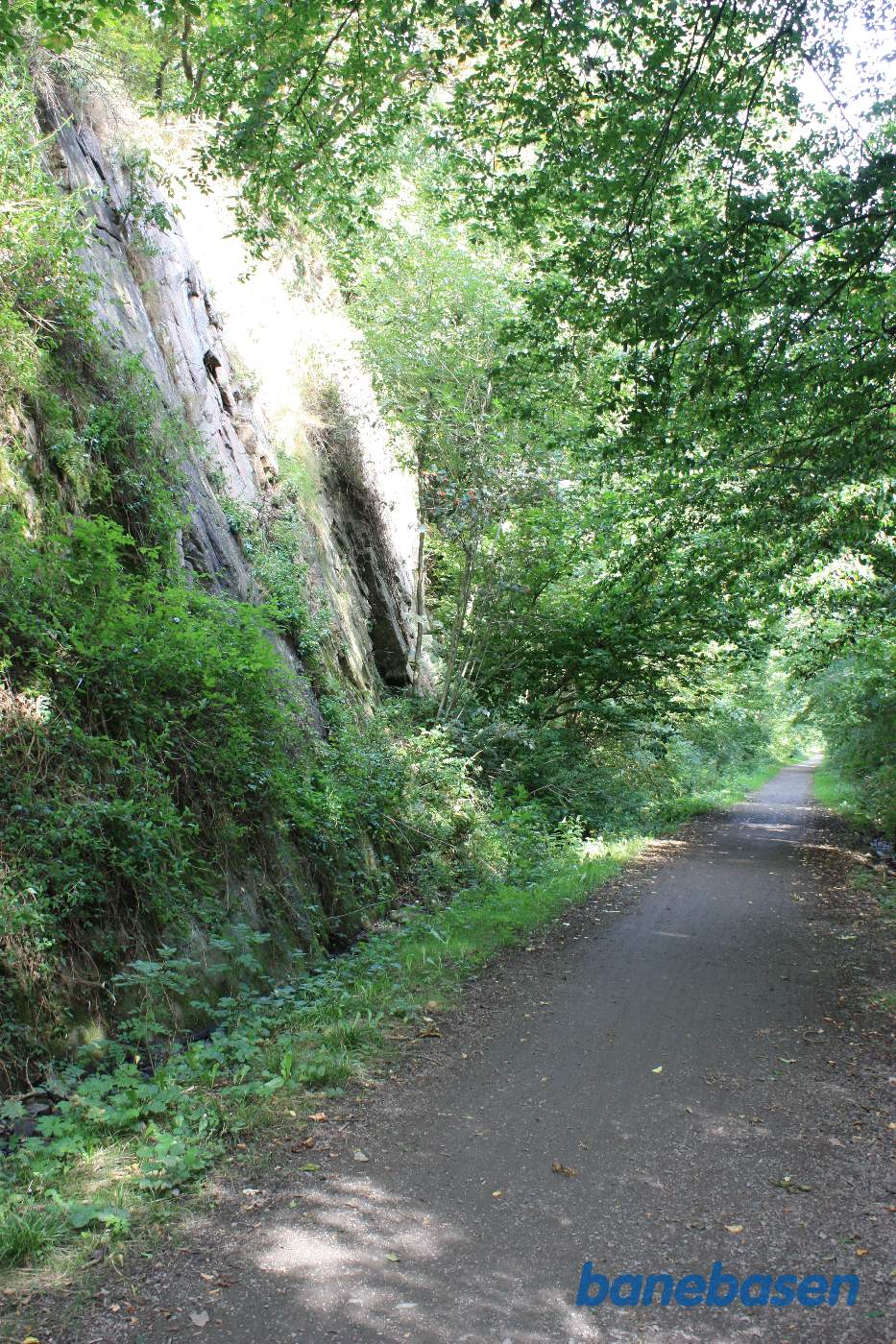 Vi er på banestien i kløften "Kleven" og kigger mod Sandvig Vi er på banestien i kløften "Kleven" og kigger mod Sandvig