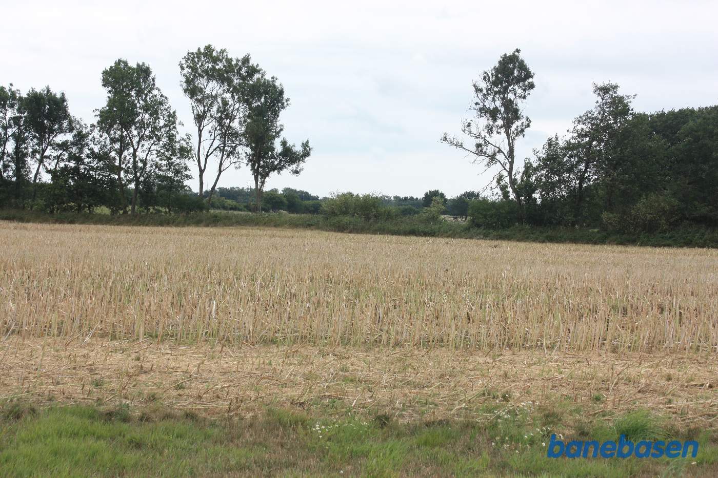 Vi står i et markskel og kigger mod Aakirkeby. Banen gik midt i billedet Vi står i et markskel og kigger mod Aakirkeby. Banen gik midt i billedet