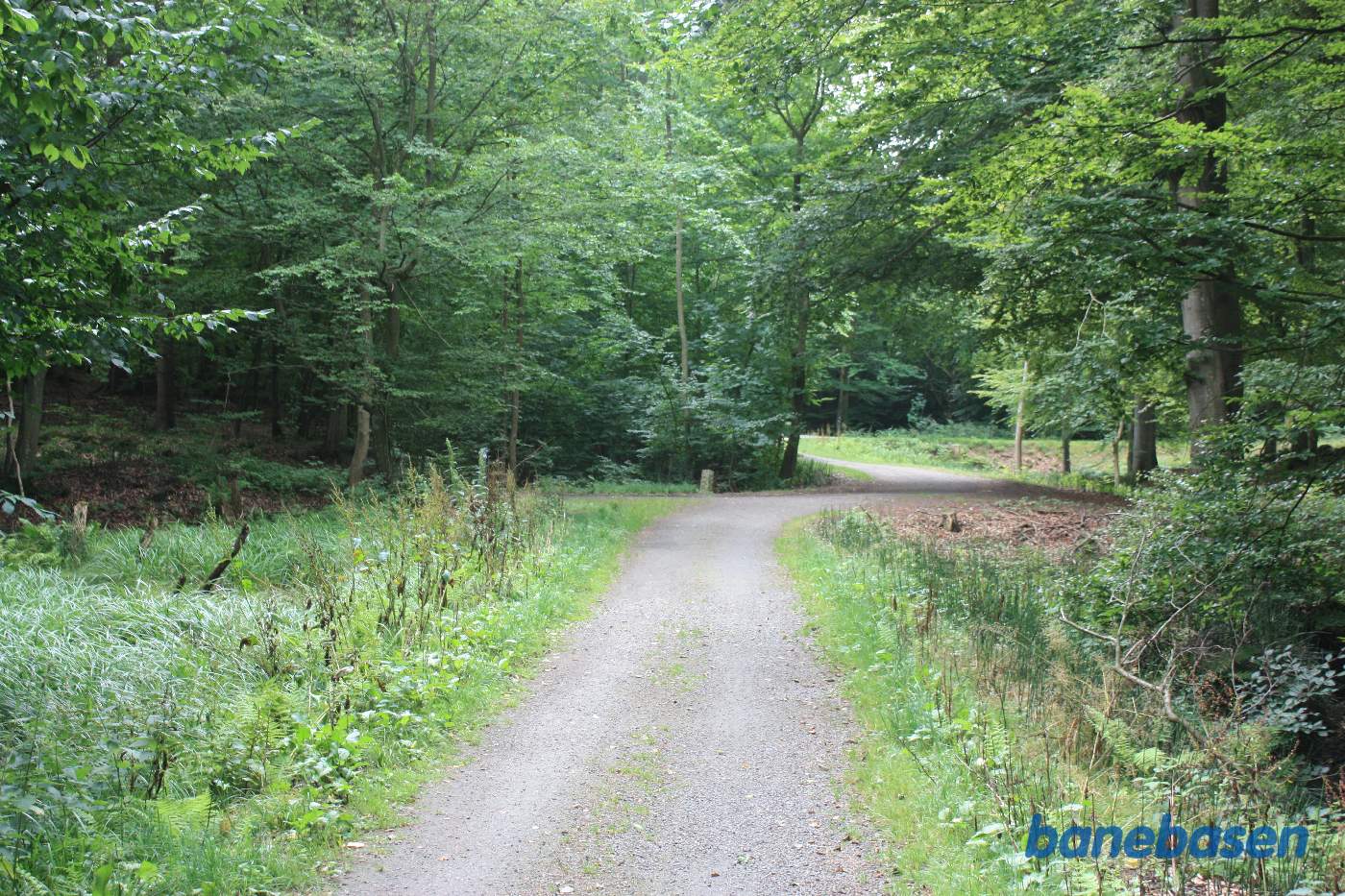 Vi står på banestien og kigger mod Aakirkeby. Banen gik lige ud og ind i en udgravning Vi står på banestien og kigger mod Aakirkeby. Banen gik lige ud og ind i en udgravning