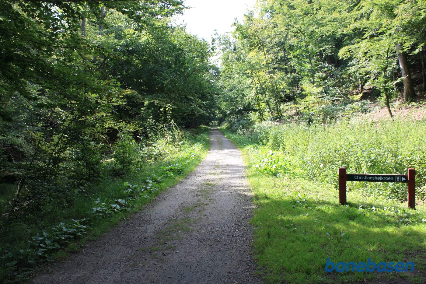 Vi står på banestien og kigger mod Aakirkeby. Sti til Christianshøjkroen til højre Vi står på banestien og kigger mod Aakirkeby. Sti til Christianshøjkroen til højre