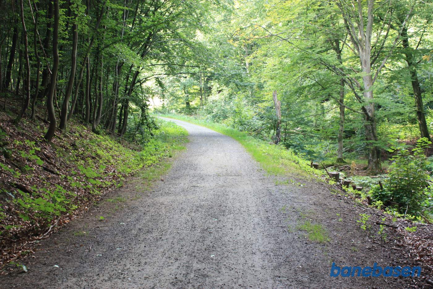 Vi står på banestien og kigger ind i den store bløde kurve til venstre i retning mod Aakirkeby Vi står på banestien og kigger ind i den store bløde kurve til venstre i retning mod Aakirkeby