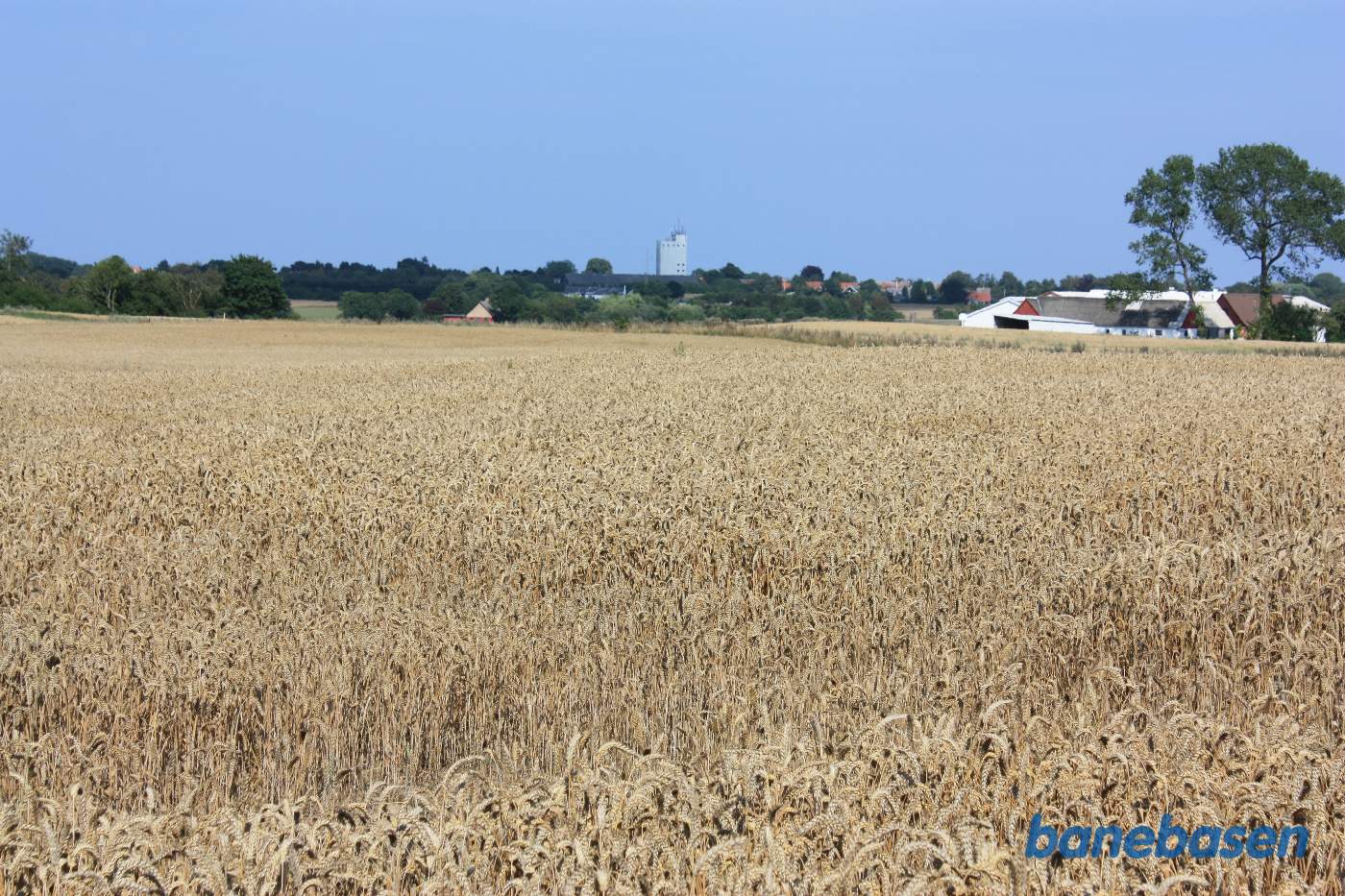 Banen løb over marken, hvor man fornemmer en lille forhøjning midt i billedet. I markskellet mellem de 2 kornmarker løber Almindingensvej (2 hjulspor til en gård). Vi ser i retning mod Gudhjem. Byen ude i horisonten er Østermarie