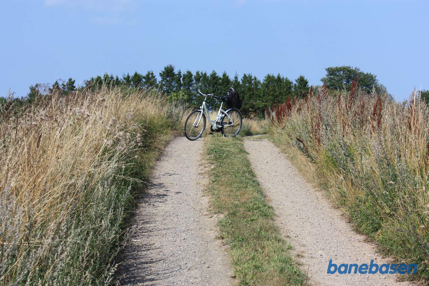 Vi står på Almindingensvej (2 hjulspor op til en gård), hvor cyklen markerer, hvor banen gik, Aakirkeby til venstre og Gudhjem til højre