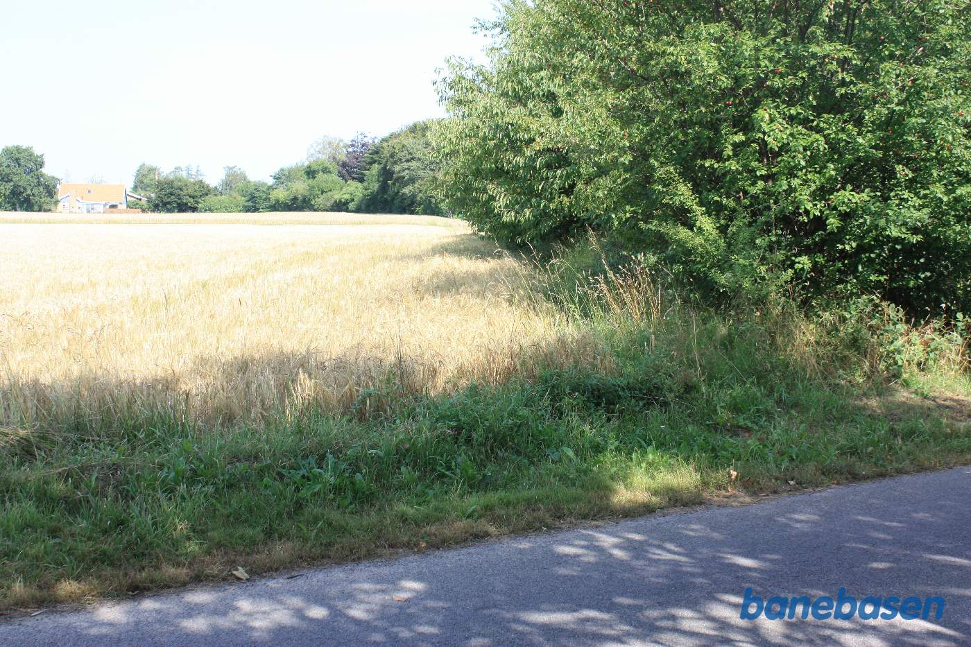 Vi står på Præstegaden, hvor banen krydsede vejen. Vi kigger mod Gudhjem. Banen fulgte kanten af marken i en 90 graders kurve mod venstre og derefter ind på Østermarie station Vi står på Præstegaden, hvor banen krydsede vejen. Vi kigger mod Gudhjem. Banen fulgte kanten af marken i en 90 graders kurve mod venstre og derefter ind på Østermarie station