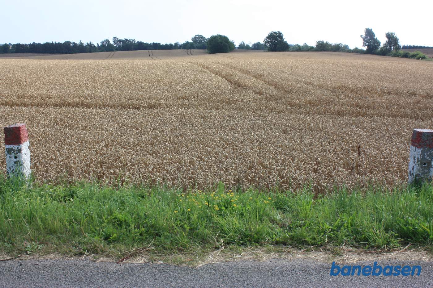 Vi står på Kjeldsebyvej og kigger mod Aakirkeby. Banen gik over marken og igennem trærækken midt i billedet Vi står på Kjeldsebyvej og kigger mod Aakirkeby. Banen gik over marken og igennem trærækken midt i billedet