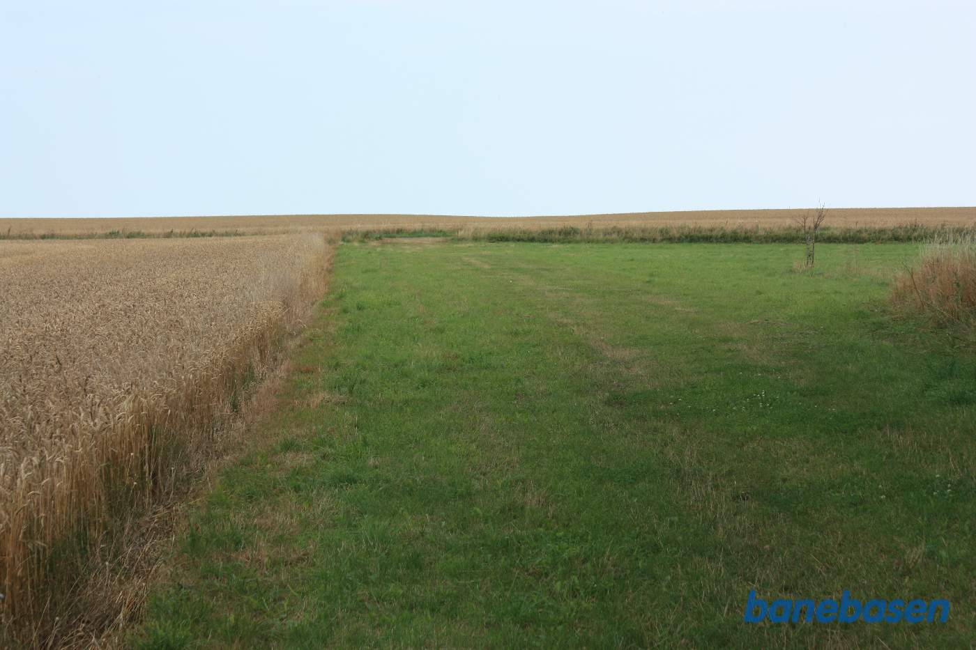 Vi står på banetracéen og kigger mod Aakirkeby. Banen fulgte marken til venstre og krydsede over Højagervej lidt længere fremme, hvorefter den gik i en skarp højre kurve ud over marken på den anden side af vejen