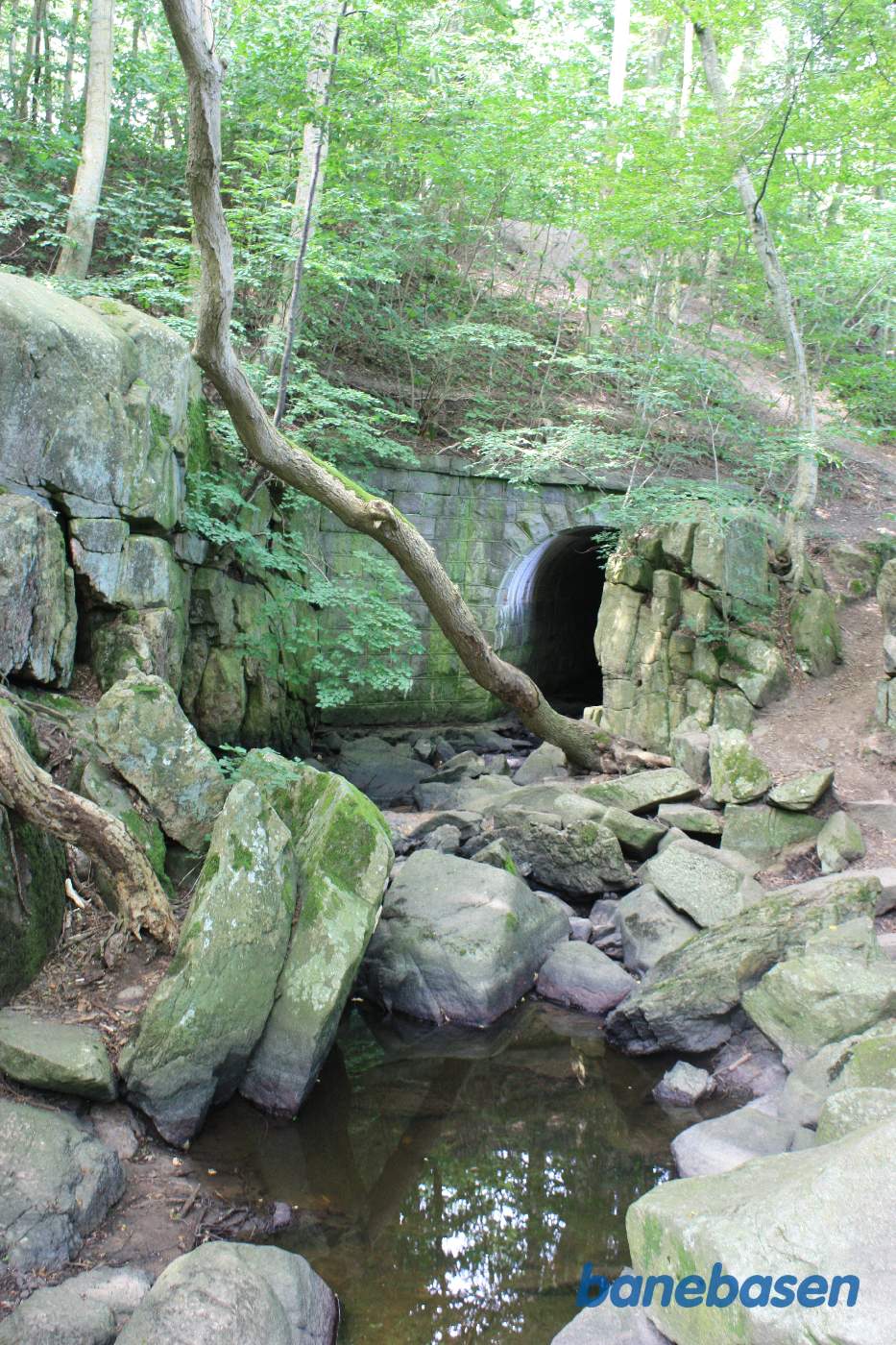 Vi står ved Kobbeå og kigger på den flotte stenkanal samt op på den meget høje banedæmning. Aakirkeby til venstre og Gudhjem til højre