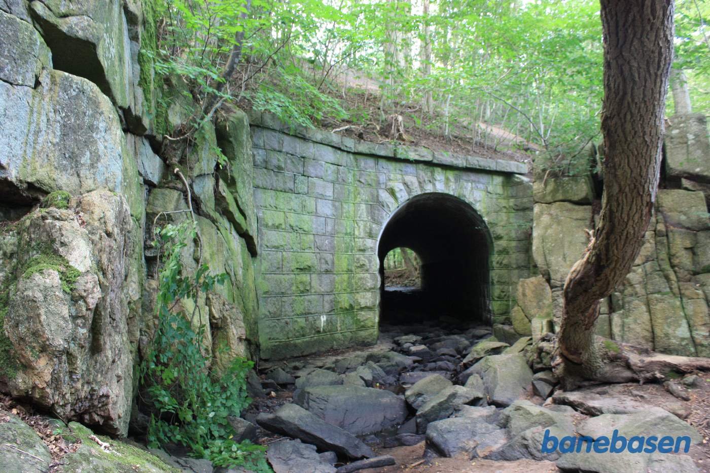Vi står ved Kobbeå og kigger på den flotte stenkanal samt op på den meget høje banedæmning. Aakirkeby til venstre og Gudhjem til højre